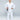 A young boy, barefoot and smiling confidently, stands on a white floor in the All Around Kids BJJ Gi White with a white belt, sleeves rolled up, hands on his hips against a plain light gray background.