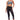 Woman wearing a gray sports bra and matching leggings with pink accents on a white background