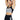 Woman wearing a black and white leopard print sports bra and leggings on a white background